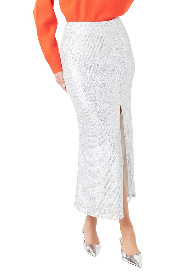 Sequin Midi Skirt, Alternate, color, SILVER