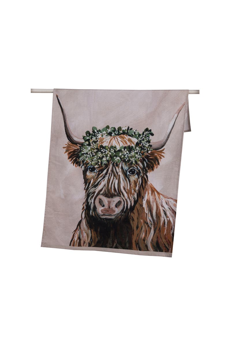 Fabric Highland Cow with Sage Crown Tea Towel Cotton Multicolored for Spring Serving and Entertaining, Main, color, Multicolored