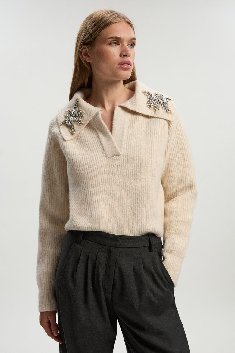 Embellished Collar V Neck Knit Sweater, Alternate, color, Cream