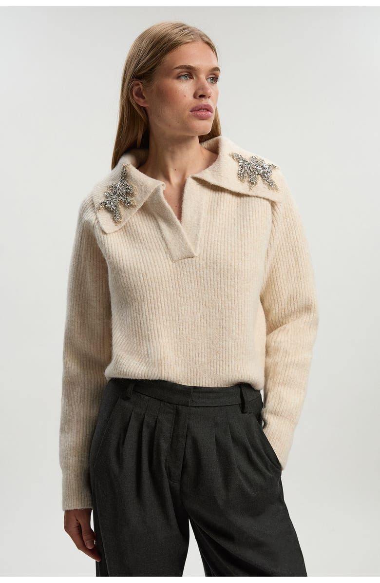 Karen Millen Embellished Collar V Neck Knit Sweater, Alternate, color, Cream