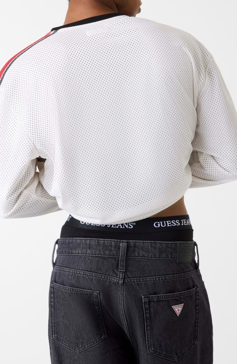 GUESS JEANS Boxy Fit Long Sleeve Logo Stripe Mesh T-Shirt, Alternate, color, White