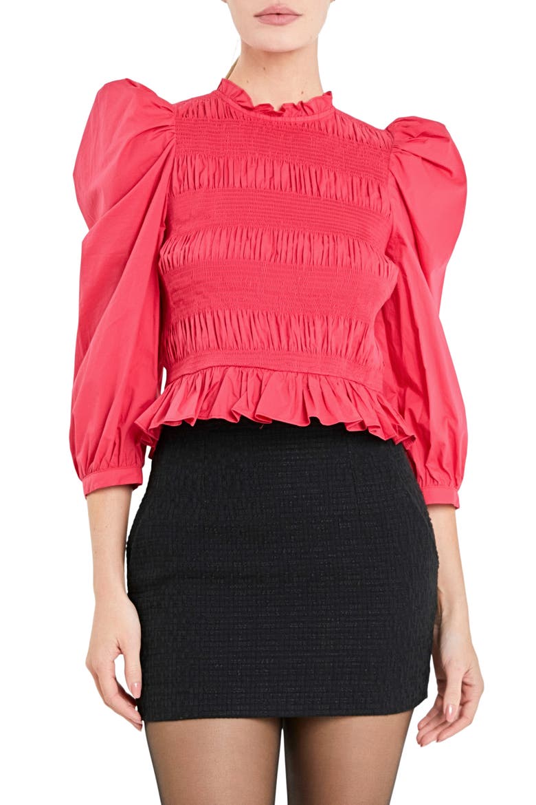 Smocked Puff Shoulder Poplin Top, Main, color, CRIMSON RED