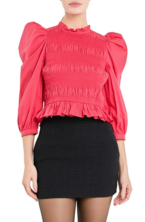 Smocked Puff Shoulder Poplin Top