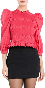 English Factory Smocked Puff Shoulder Poplin Top