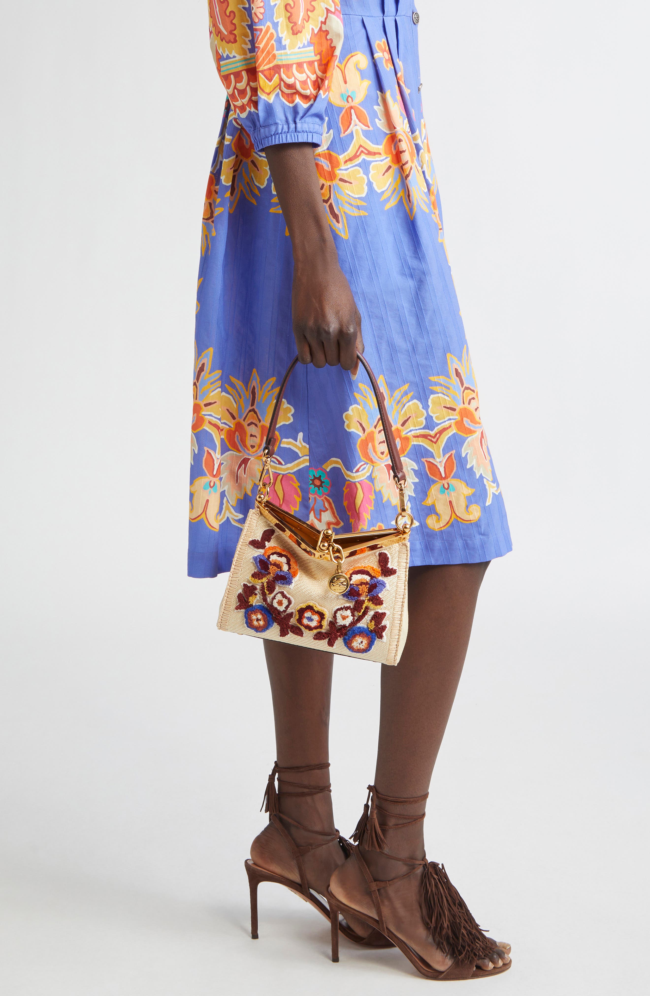 Etro Small Vela Floral Embroidered Raffia Shoulder Bag, Alternate, color, M0121 Beige