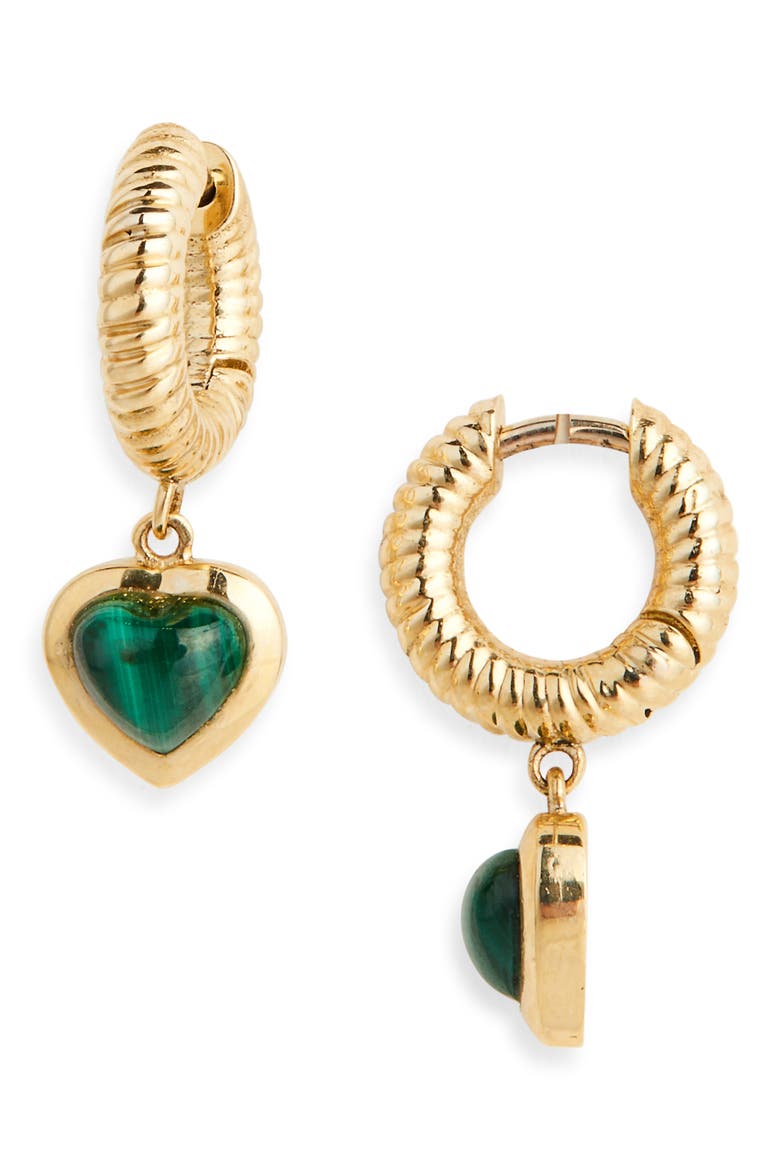 Stone Heart Huggie Drop Earrings, Main, color, MALACHITE/ GOLD