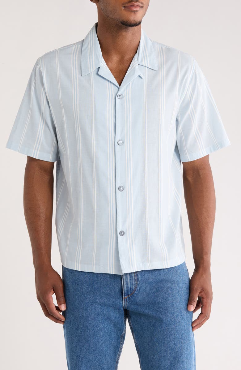 PacSun Stripe Cotton & Linen Camp Shirt, Main, color, Blue