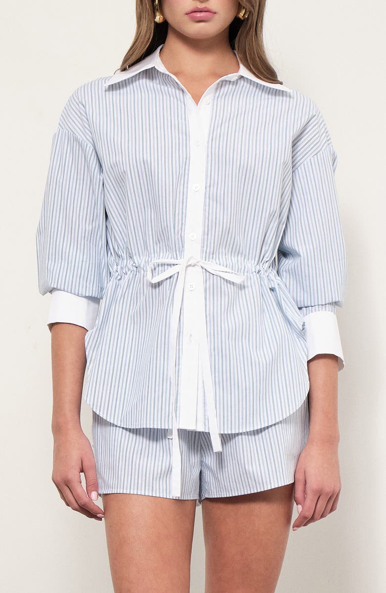 MAUDE CLUB Noa Stripe Tie Waist Button-Up Shirt, Main, color, Blue Green Stripe