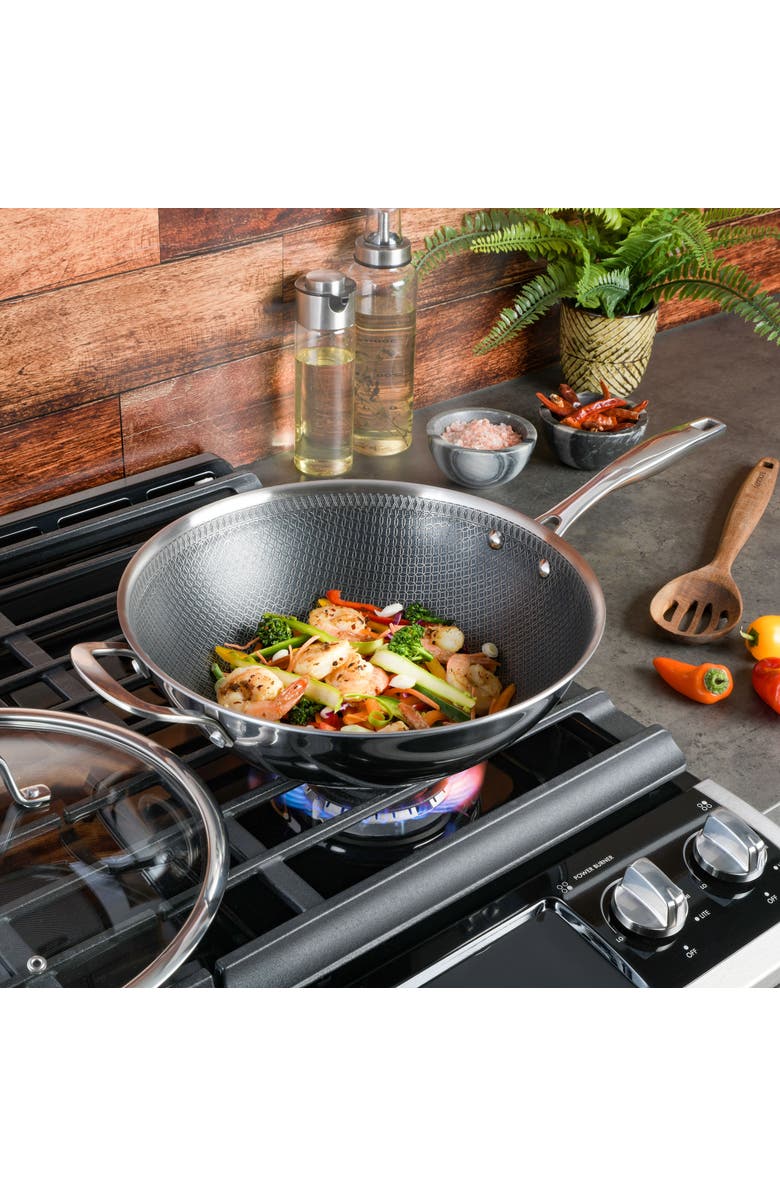 Kenmore Elite Luke 12 Inch Non-Stick Tri-Ply Stainless Steel Wok with Glass Lid, Alternate, color, Metallic Silver