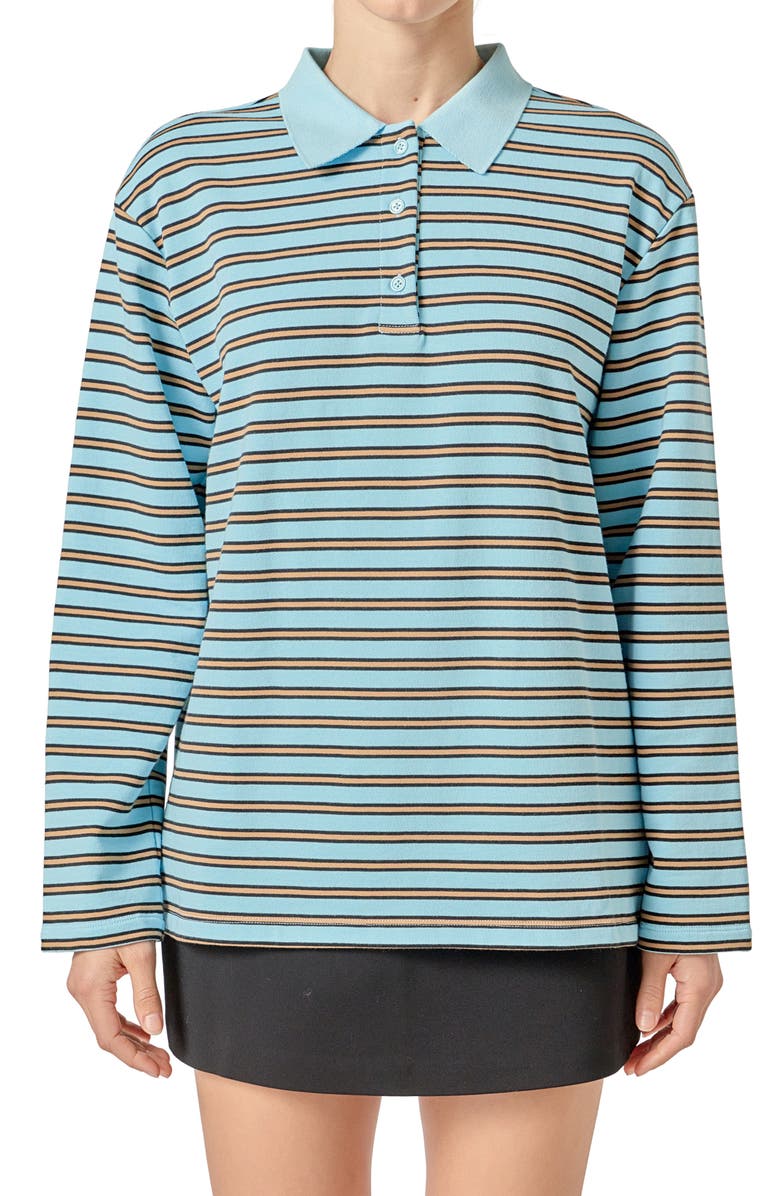 English Factory Stripe Contrast Collar Cotton Blend Henley Sweatshirt, Alternate, color, Light Blue/ Beige