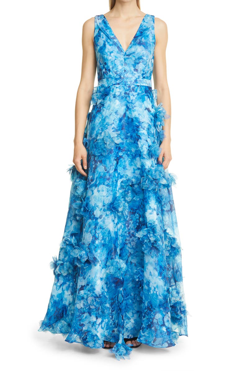 Marchesa Notte Pleated Tiered Organza Gown, Main, color,