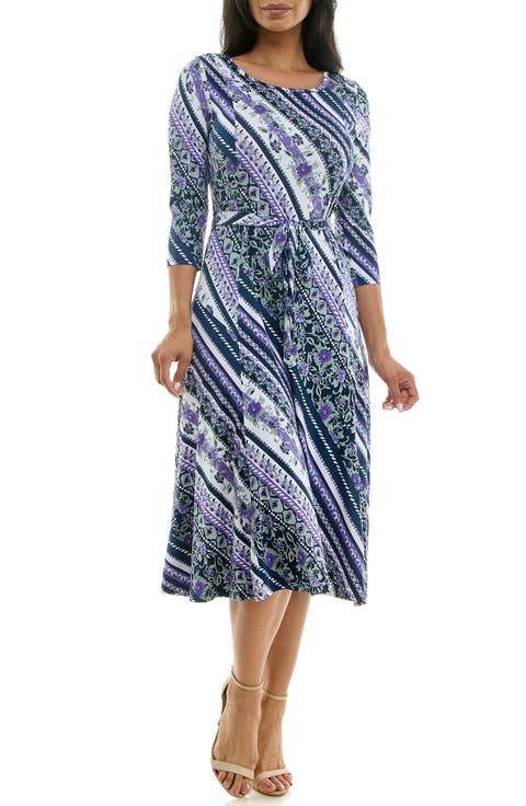 Floral Stripe Three-Quarter Sleeve A-Line Dress