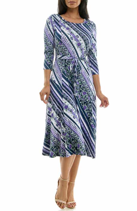 Nina Leonard Floral Stripe Three-Quarter Sleeve A-Line Dress