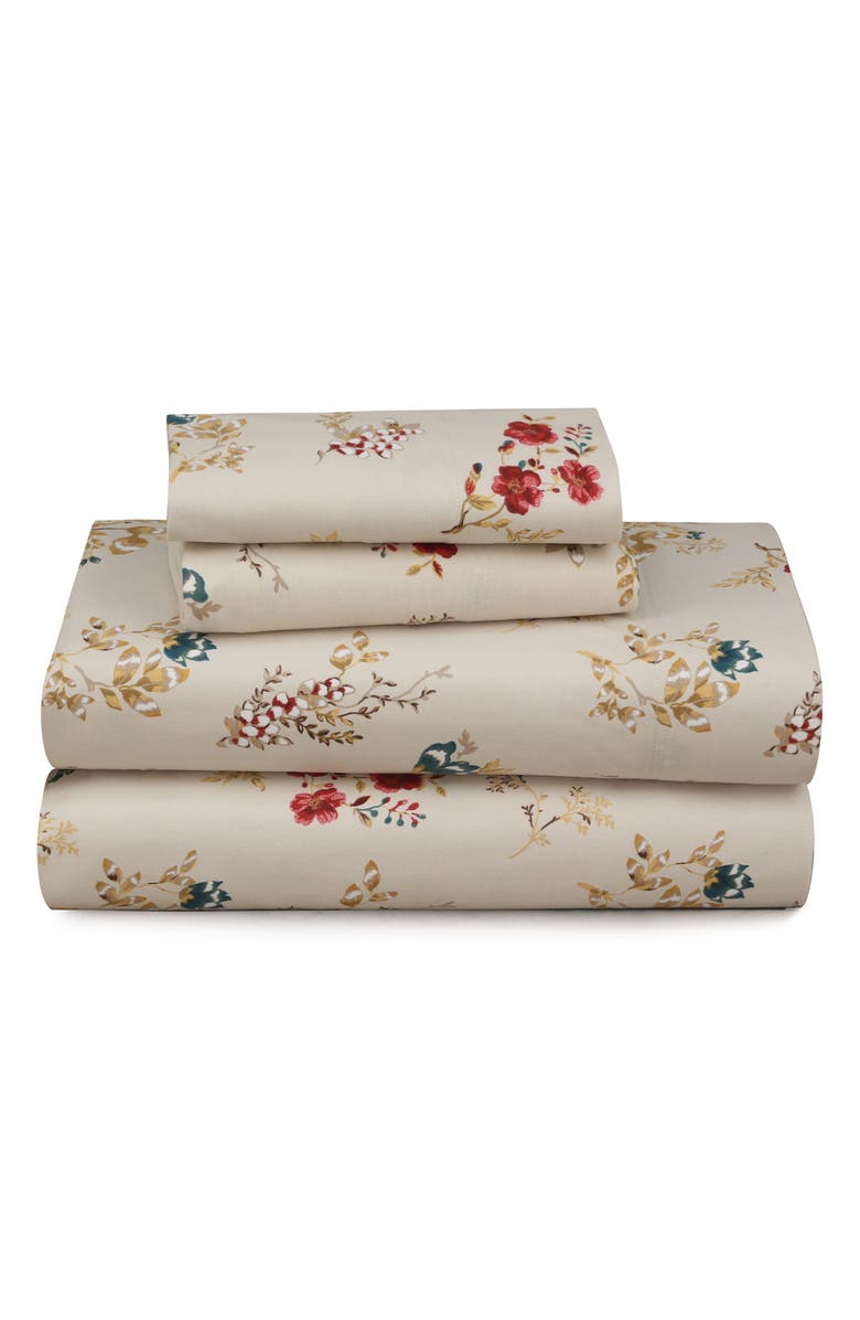 AZORES HOME Leilani Floral Cotton Flannel Sheet Set, Main, color, Cream