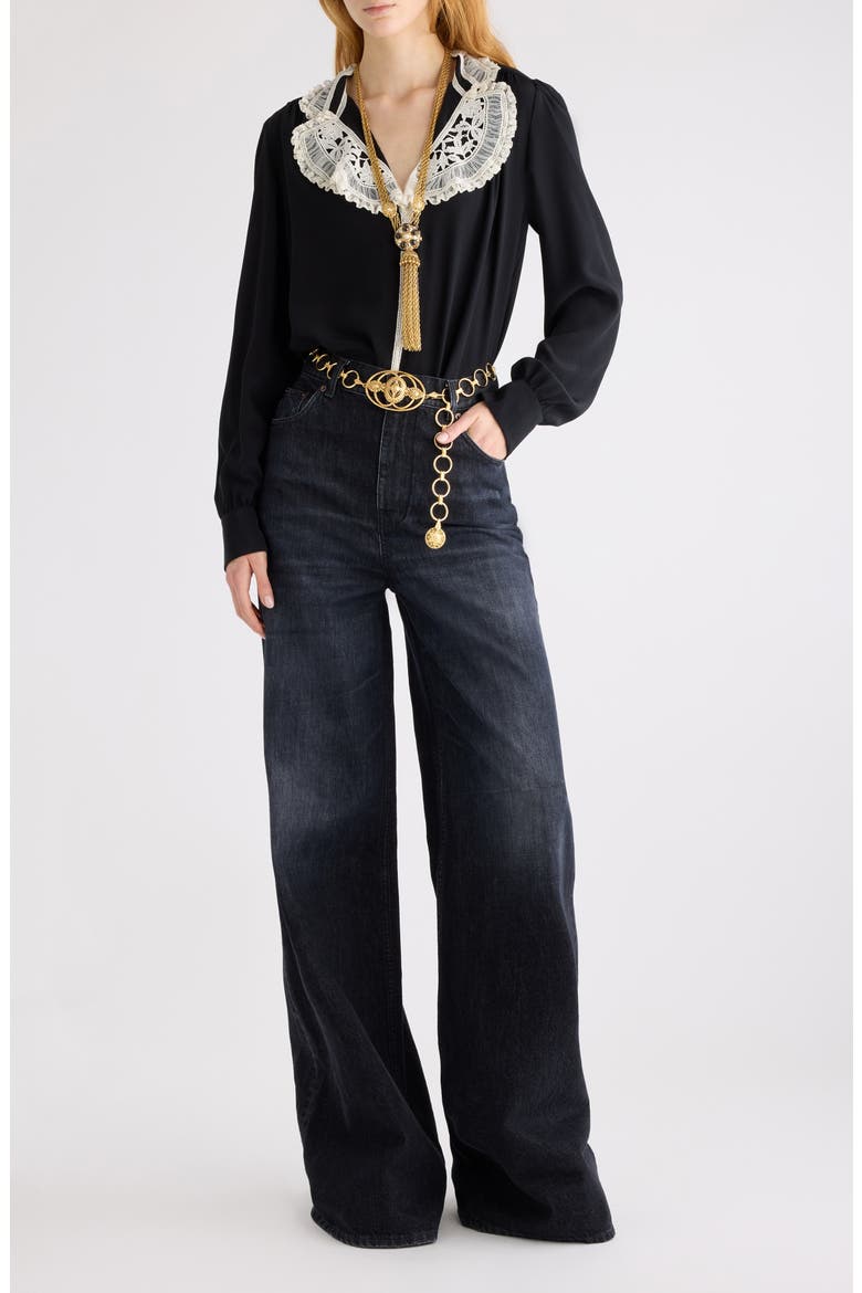 Silk Crêpe de Chine & Lace Ruffle Collar Button-Up Shirt, Alternate, color, BLACK