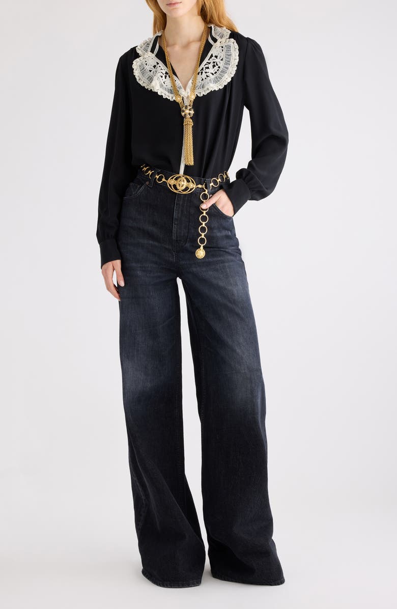 Chloé Silk Crêpe de Chine & Lace Ruffle Collar Button-Up Shirt, Alternate, color, Black