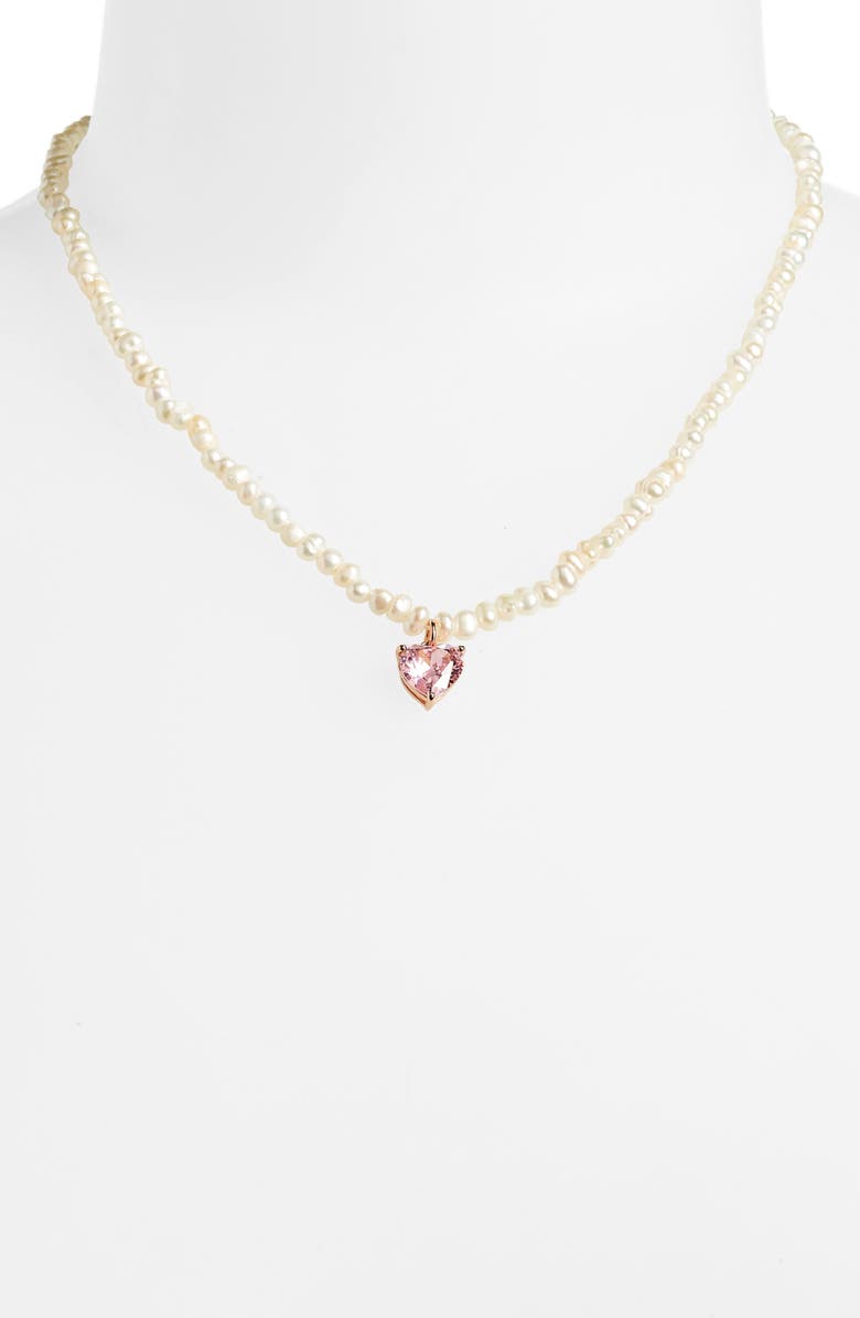 Kate Spade New York cultured freshwater pearl crystal heart necklace, Alternate, color, 