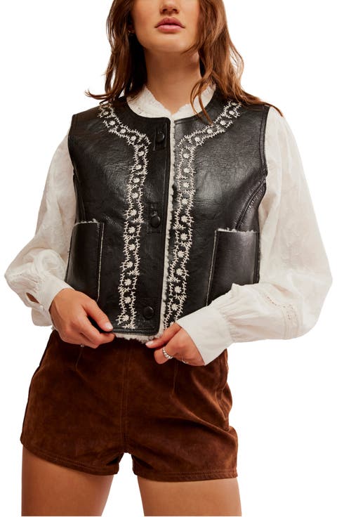 Travelers Embroidered Crop Faux Leather Vest