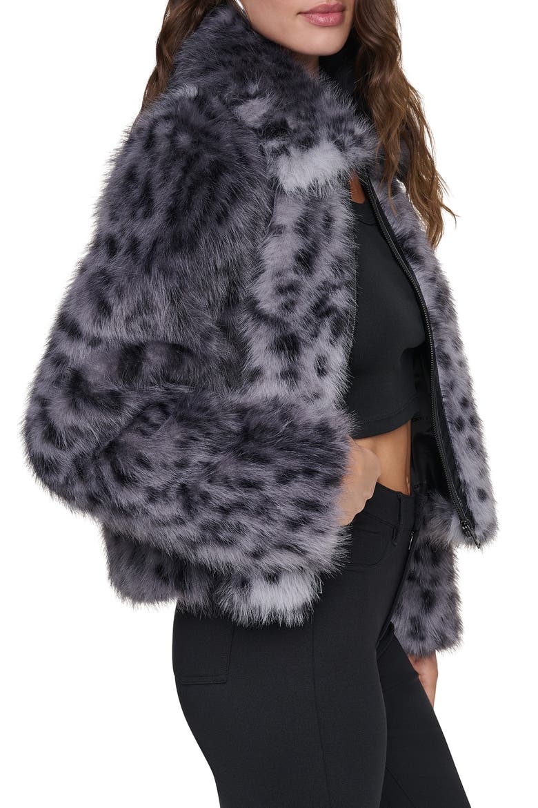 Faux Animal Fur Trucker Jacket, Alternate, color, GRY/ BLK