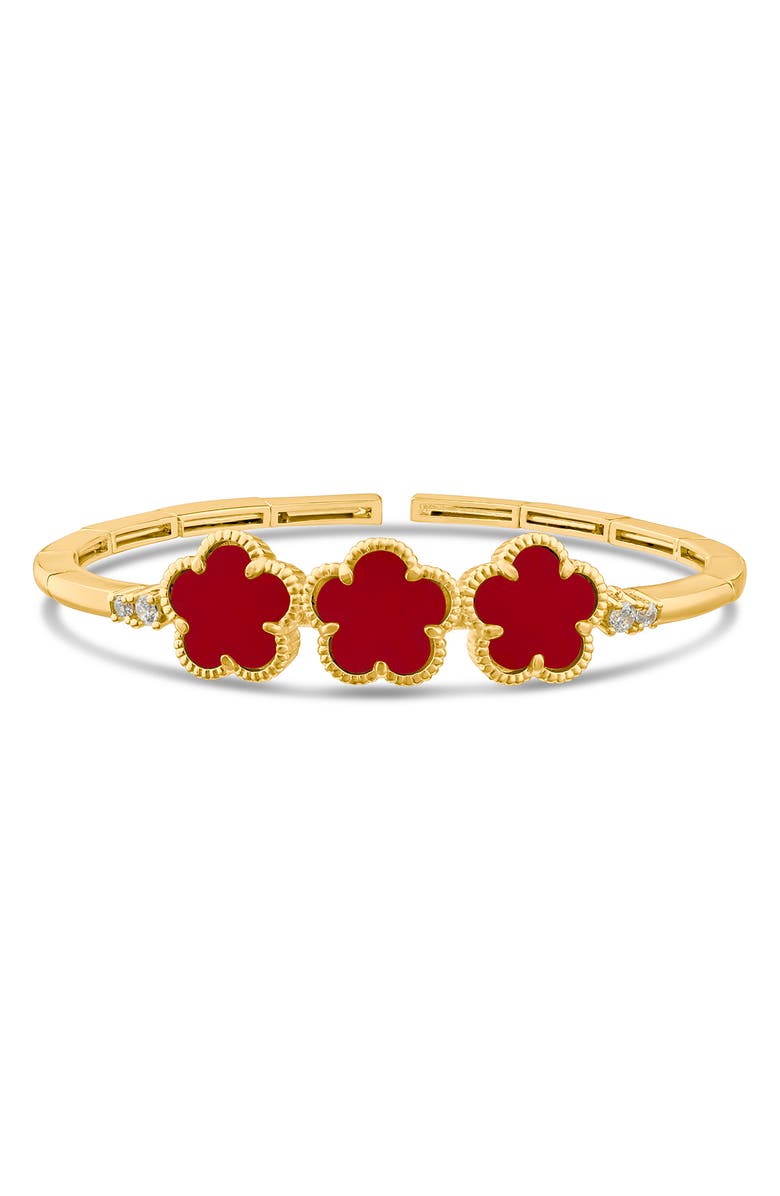CZ by Kenneth Jay Lane Triple Clover Flexible Cuff Bracelet, Main, color, Red/ Gold
