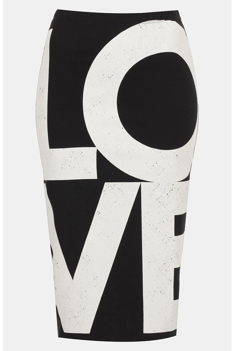 'Love' Print Midi Skirt, Main, color, BLACK