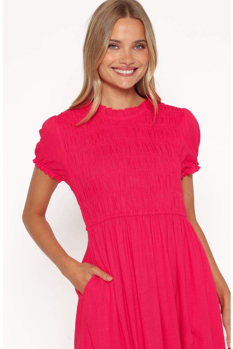 Darla Smocked Puff Sleeve Midi Dress, Alternate, color, HOT CORAL