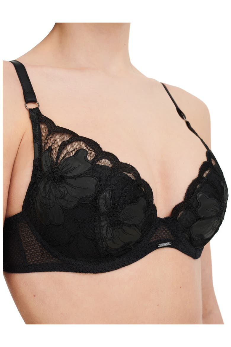 Fleurs Underwire Signature Plunge Bra, Alternate, color, FAUX LEATHER BLACK