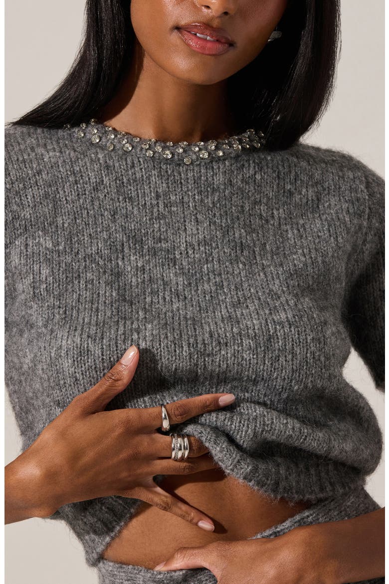Malvie Embellished Neck Short Sleeve Sweater, Alternate, color, GREY