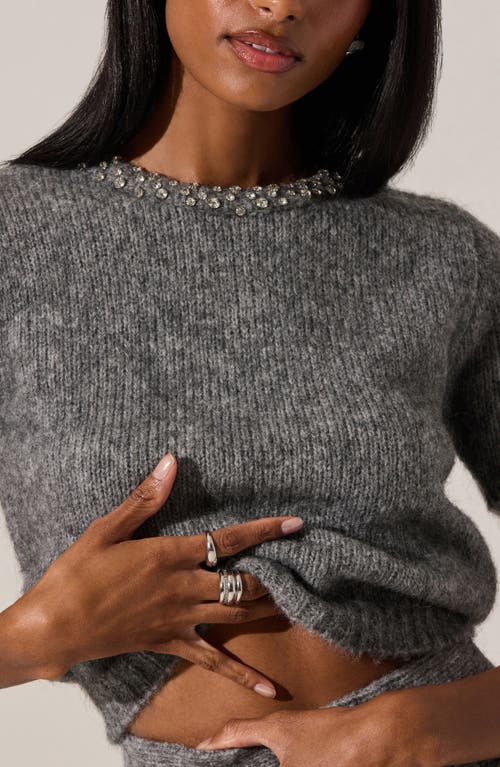 Astr The Label Malvie Embellished Neck Short Sleeve Sweater In Gray