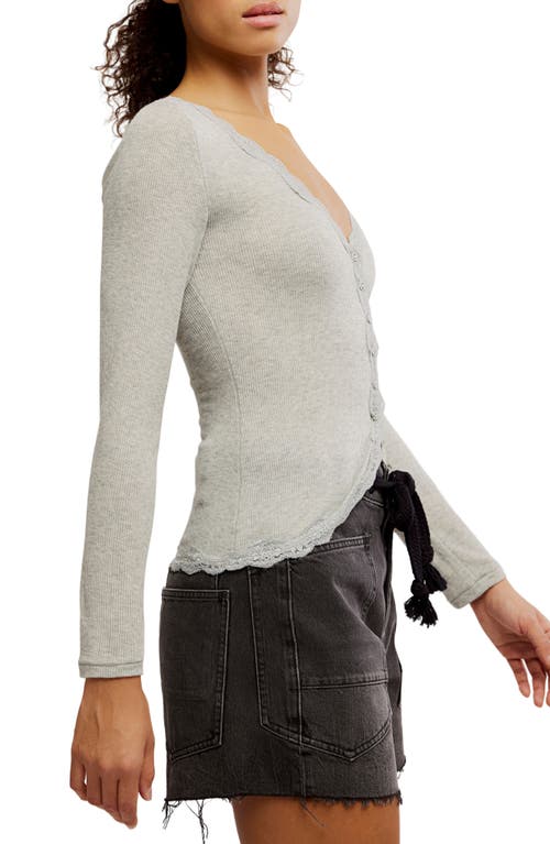 Free People Big Love Lace Trim Knit Button-up Top In Gray