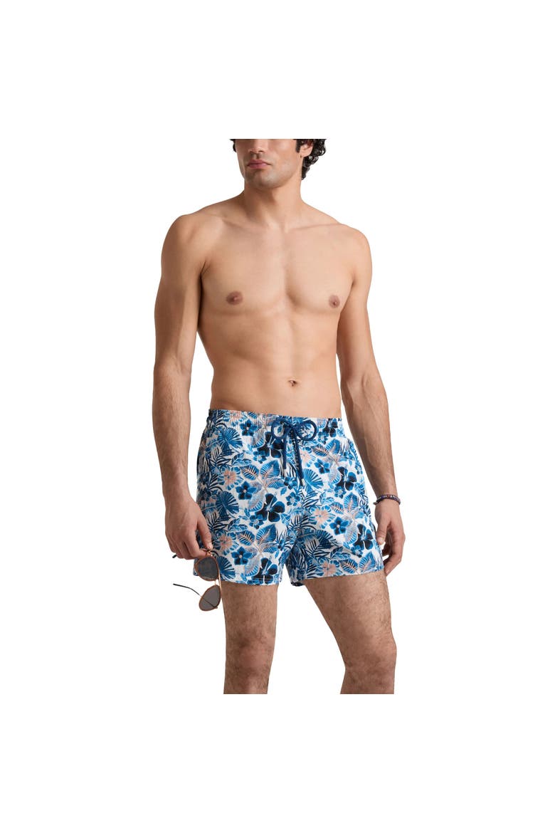 Men Stretch Short Swim Shorts Island Flowers, Alternate, color, White