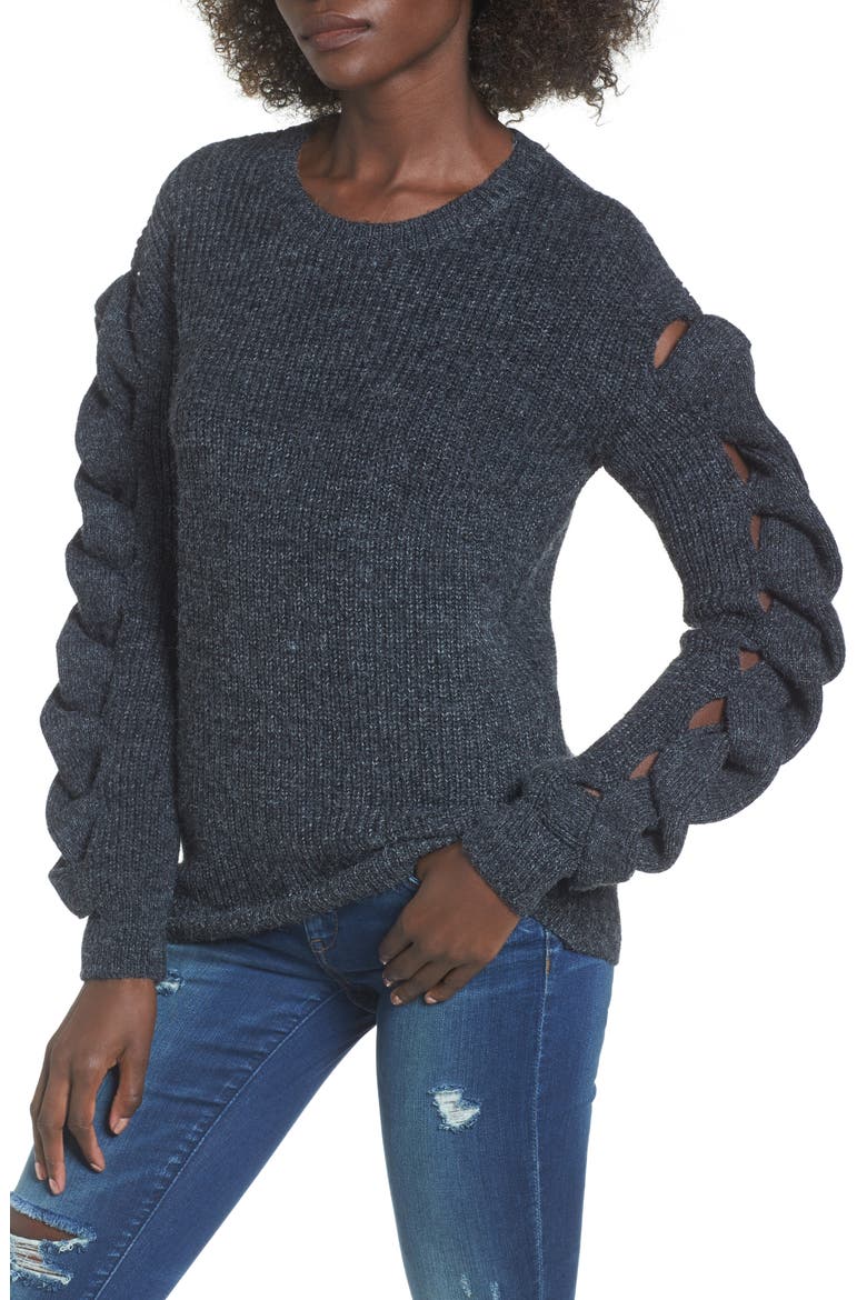 Twist Sleeve Sweater, Main, color, GREY MEDIUM CHARCOAL HEATHER