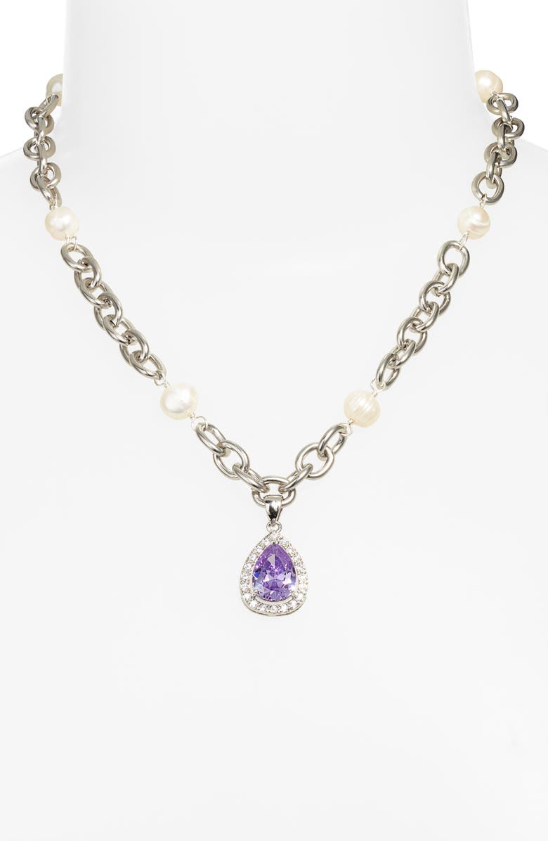 VIDAKUSH Heiress Imitation Pearl Pavé Pendant Necklace, Alternate, color, Silver