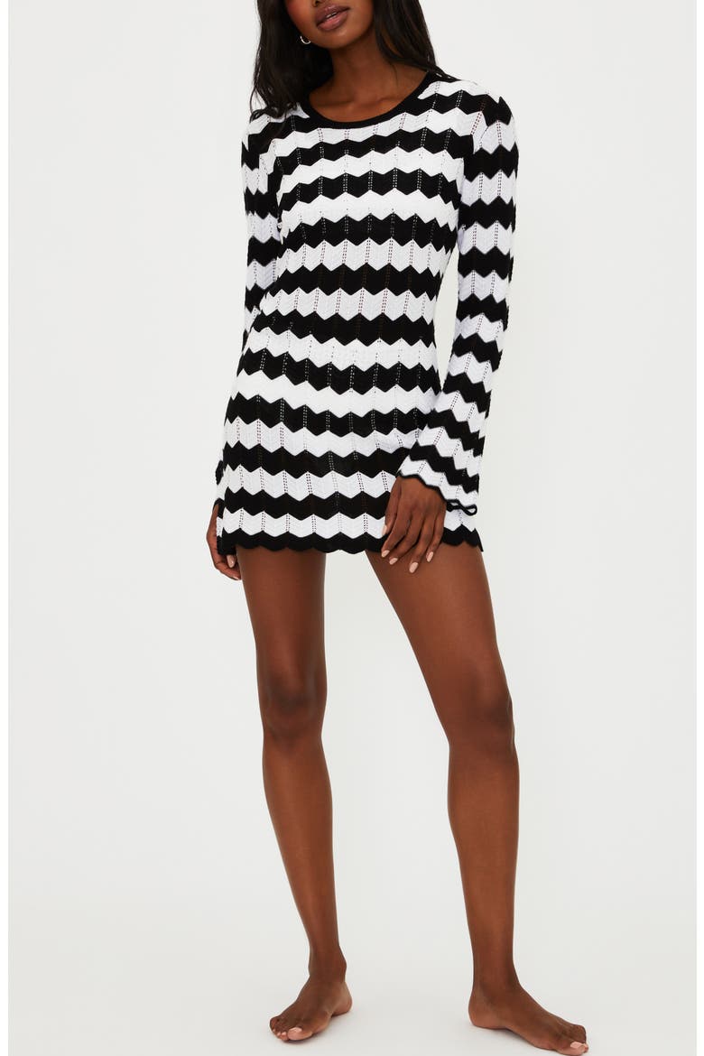 Libbi Long Sleeve Pointelle Cover-Up Dress, Main, color, BLACK AND WHITE TIDES