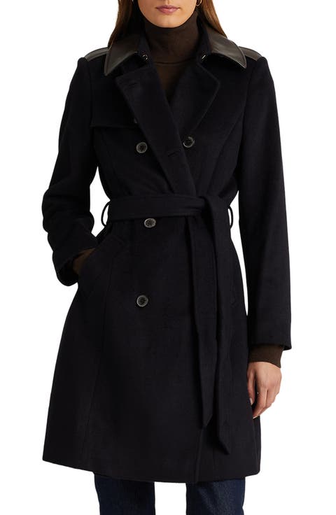 Tie Waist Faux Leather Trim Wool Blend Coat
