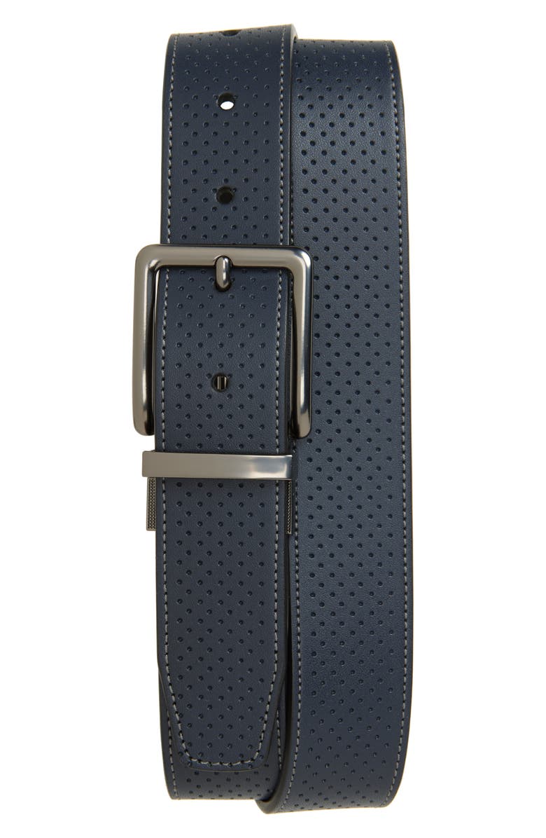 PGA TOUR Perforated Leather Belt, Main, color, Navy/ Black
