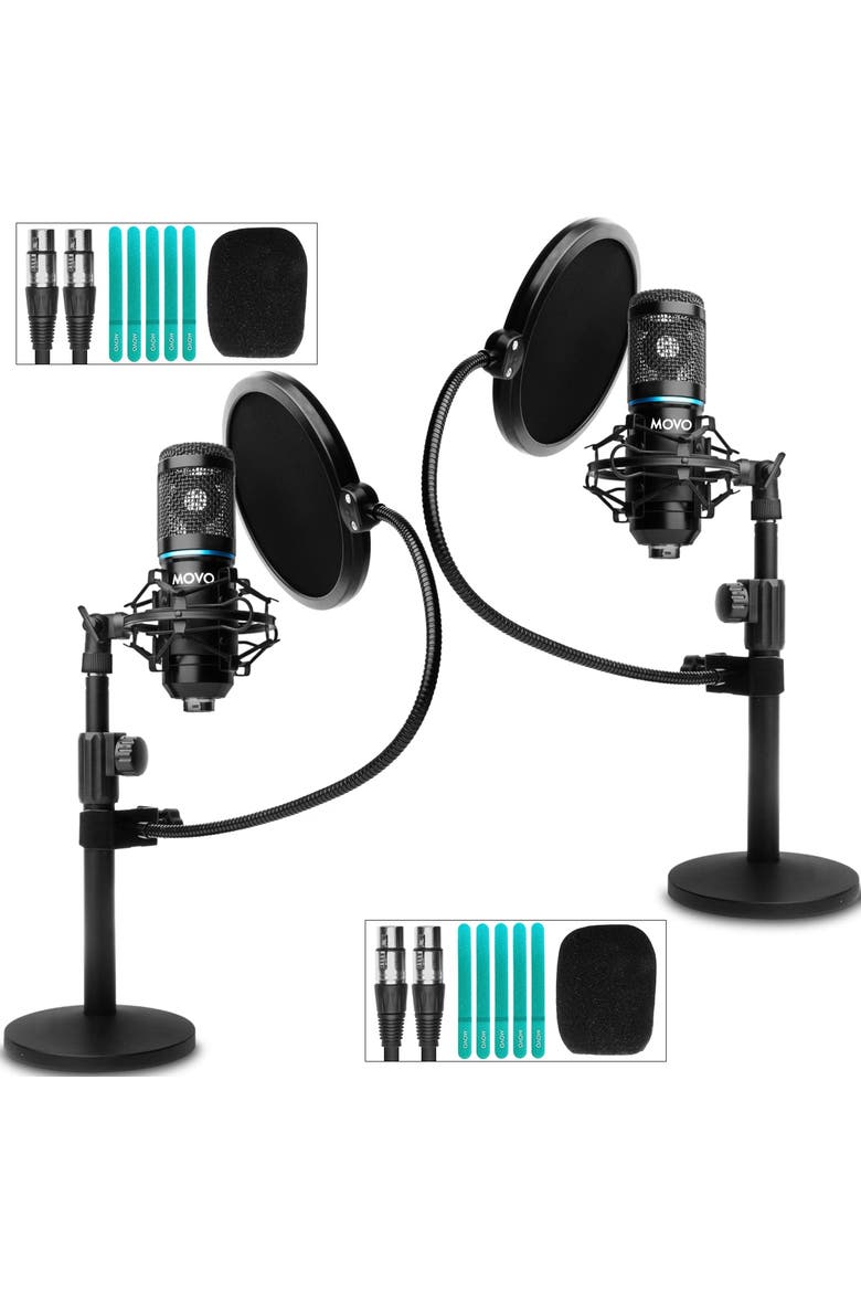 2-Pack Universal Cardioid Podcasting Microphone Bundle with Tabletop Mic Stand and Pop Filter for XLR Outputs, Main, color, Black
