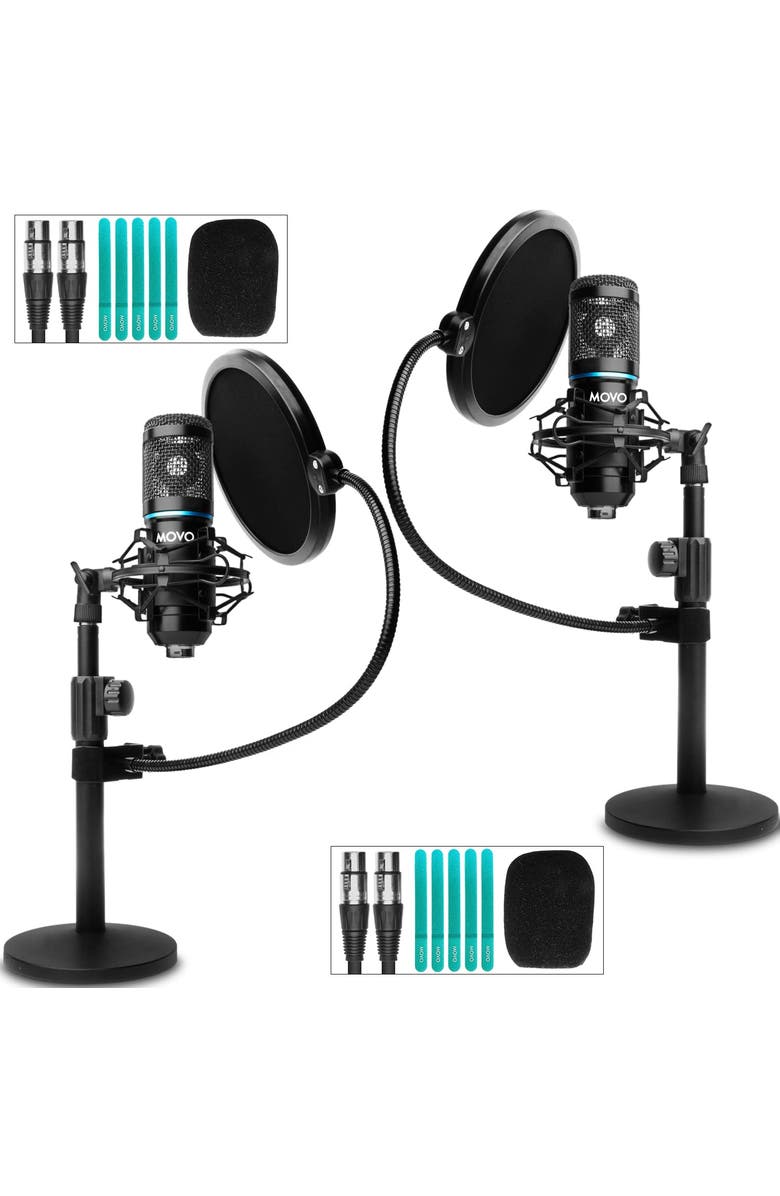 MOVO 2-Pack Universal Cardioid Podcasting Microphone Bundle with Tabletop Mic Stand and Pop Filter for XLR Outputs, Main, color, Black