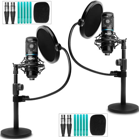 2-Pack Universal Cardioid Podcasting Microphone Bundle with Tabletop Mic Stand and Pop Filter for XLR Outputs