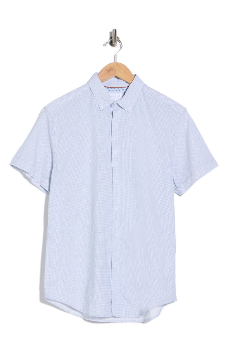 DENIM AND FLOWER Geometric Print Short Sleeve Button-Down Shirt, Main, color, White