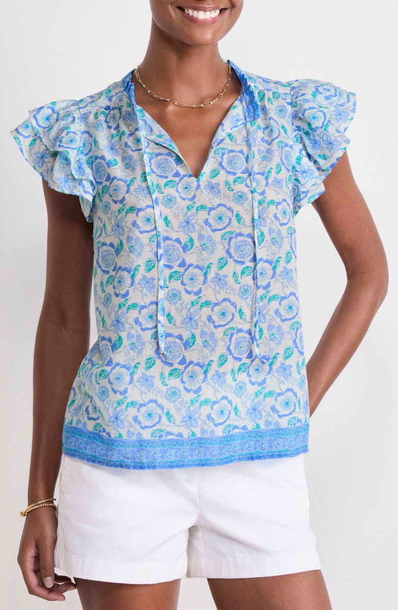 vineyard vines Print Ruffle Sleeve Top, Main, color, Frangipani Print Marsh/Blue
