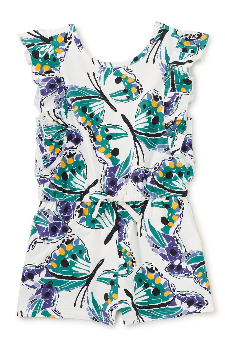 Tea Collection Flutter Sleeve Romper, Main, color, Carnival Butterfly