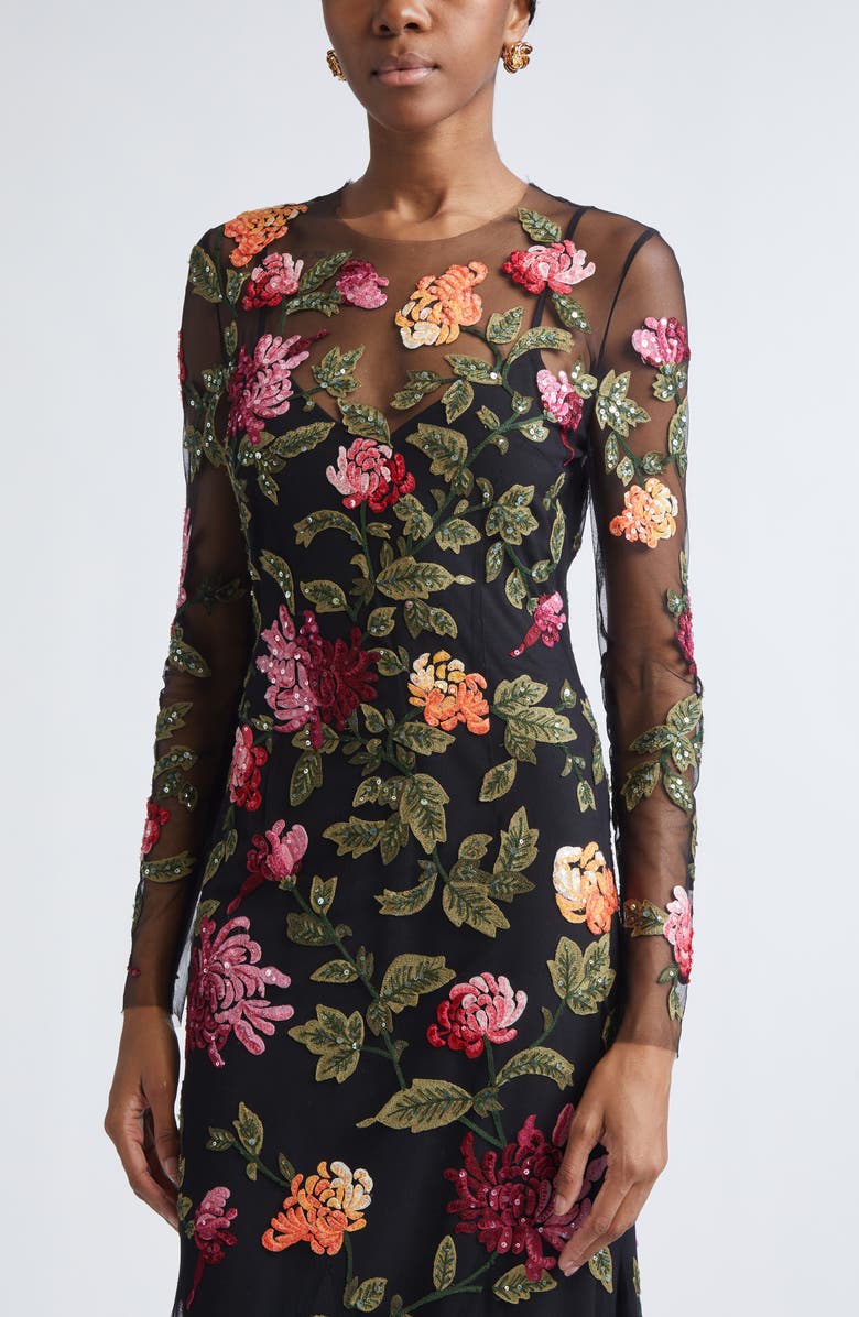 Carolina Herrera Chrysanthemum Embroidered Long Sleeve Tulle Trumpet Gown, Alternate, color, Black Multi