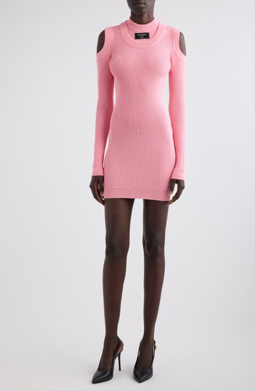 Balmain Shoulder Cutout Long Sleeve Rib Sweater Minidress In 4bb Pink