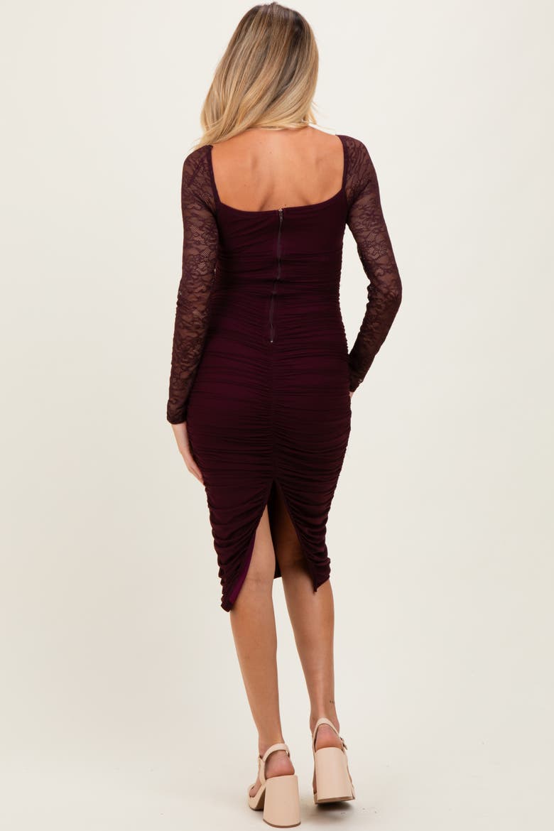 Ruched Lace Sleeve Midi Dress, Alternate, color, Burgundy