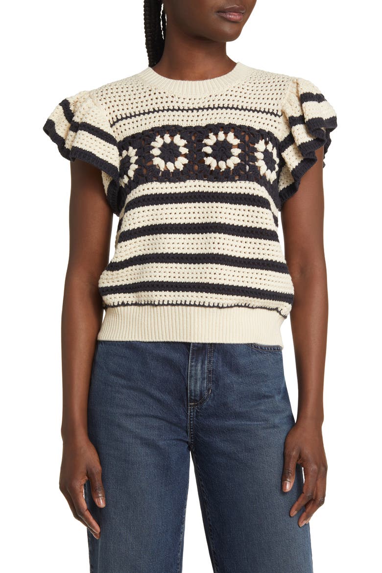 Penelope Short Sleeve Open Stitch Sweater, Main, color, OAT NAVY CROCHET STRIPE