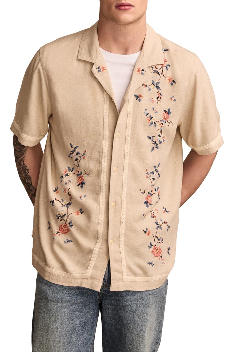 Lucky Brand Floral Embroidered Camp Shirt, Main, color, 