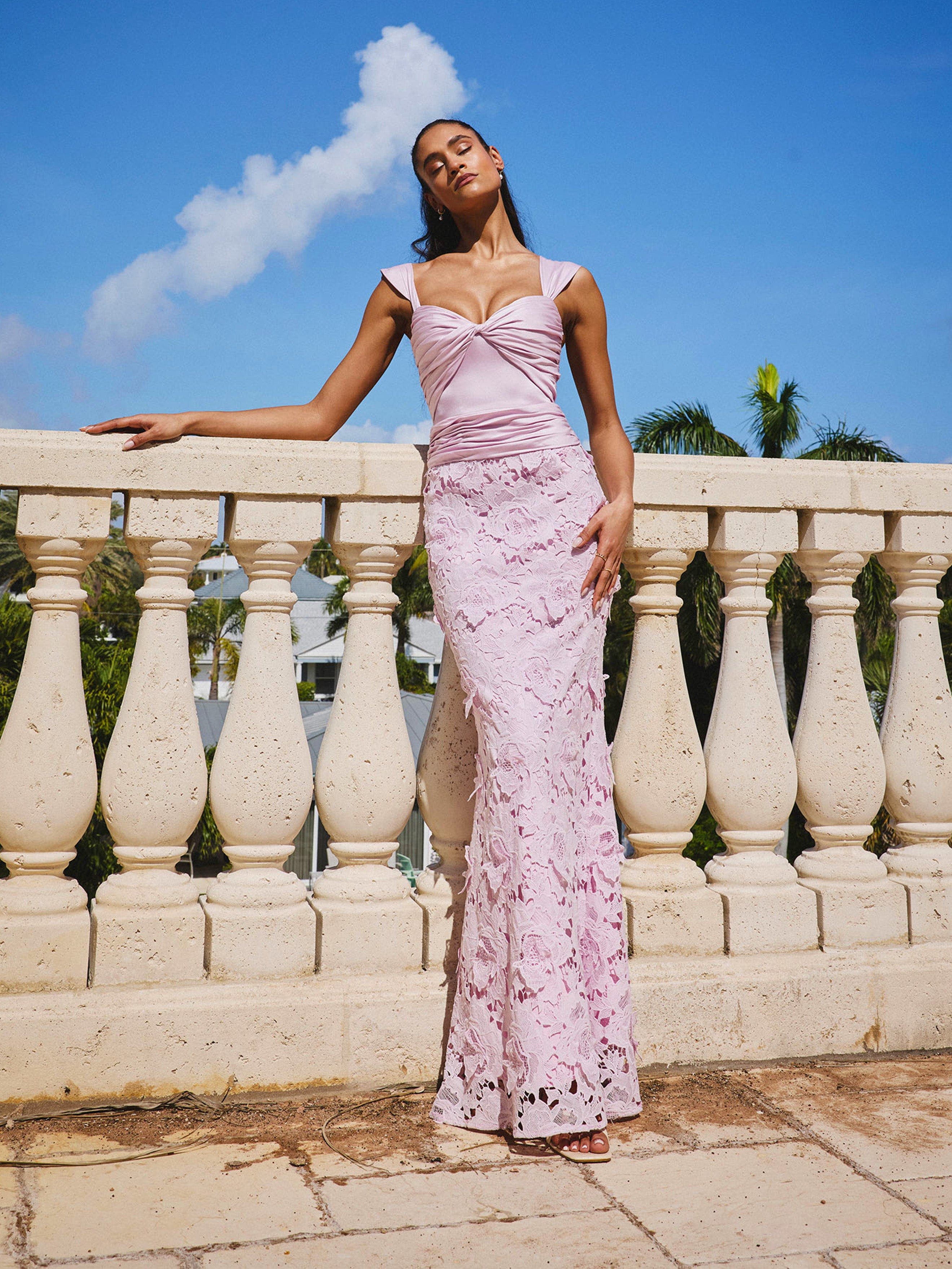 kehlani formal floral lace slit mermaid dress catching shine that catches the light beautifully from every angle Flowing Ribbons Mesh Sleeveless Evening