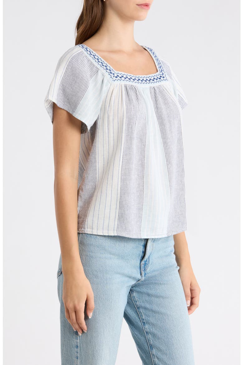 Stripe Embroidered Square Neck Linen Blend Top, Alternate, color, BLUE STRIPE