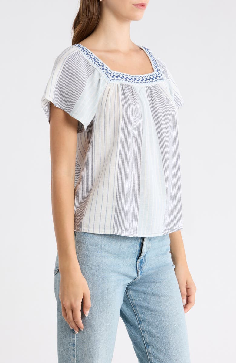 Lucky Brand Stripe Embroidered Square Neck Linen Blend Top, Alternate, color, Blue Stripe